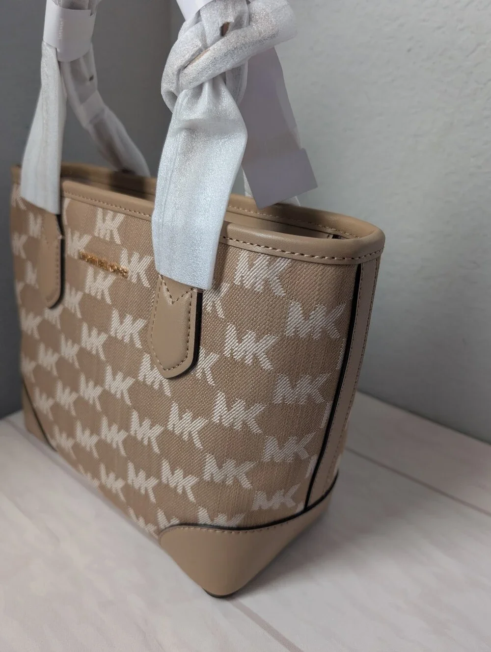 NWT Michael Kors Eva Extra-Small Logo Jacquard Convertible Tote Bag in Camel